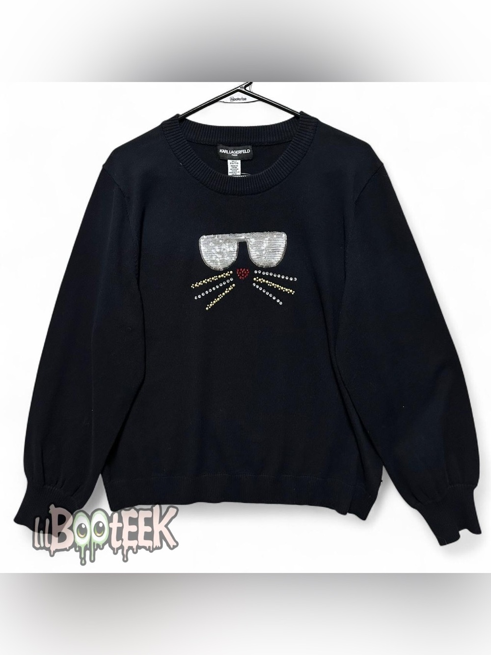 Karl Lagerfeld Black Crewneck Sweater with Sequin Cat Face